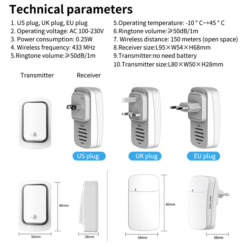 Έξοδος τοίχων τηλεχειρισμού Doorbell μόνη - τροφοδοτημένη αδιάβροχη 150M υποδοχή λαμπτήρων τηλεχειρισμού ελαφριά