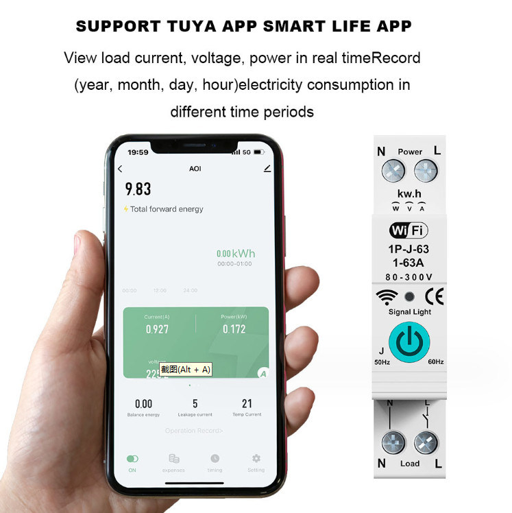 Tuya WiFi έξυπνος διακόπτης κυκλωμάτων διακόπτης μονοφασικής μέτρησης πάνω από το τρέχον τηλεχειριστήριο κινητού ελέγχου χρονοδιακόπτης πολλαπλών λειτουργιών