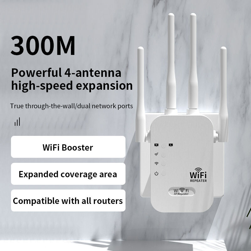 300Mbps WiFi Range Extender, 4-Antenna Wireless Repeater, 2.4G Signal Booster with Dual Ethernet Ports, AP/Relay Mode, Wall-Through Coverage for Home & Office